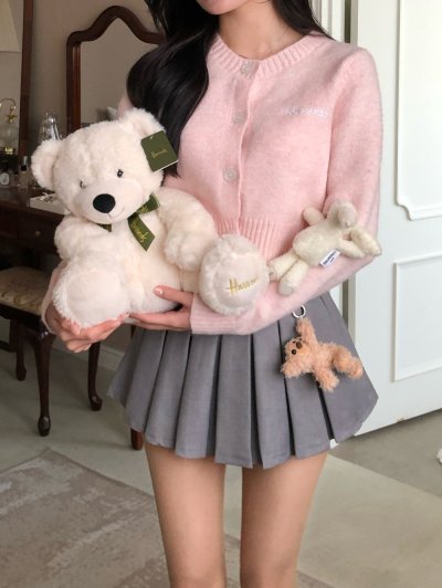 Teddy Bear Belt Pleated Skirt