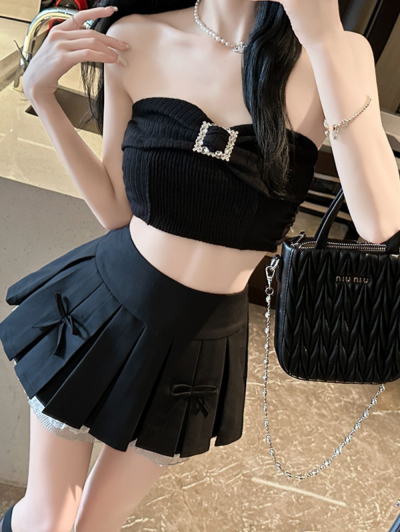 Kitty lace pleated mini skirt 2color กระโปรงเทนนิส ปลายลูกไม้