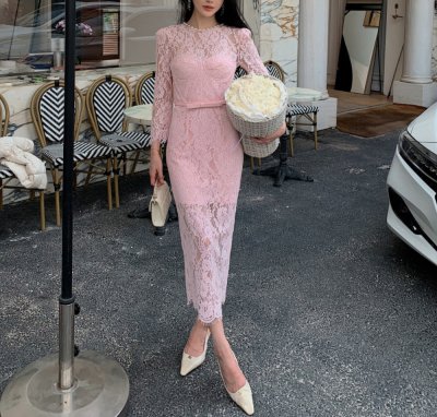 Erman Pink Lace Long One Piece เดรสยาวลายดอกไม้สีชมพู