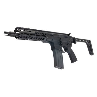 SALVO MCX Spear LT 10.5 Inch CSAW Black GBBR tampak samping dengan muzzle mengarah ke kiri.