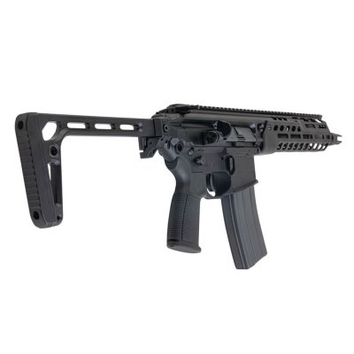 SALVO MCX Spear LT 10.5 Inch CSAW Black GBBR tampak samping dengan muzzle mengarah ke kanan.