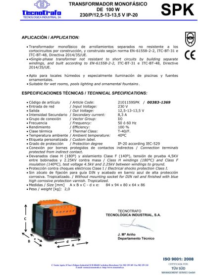 ชุดหม้อแปลงขนาด 100 W /12 V.AC  มาตรฐานยุโรบ EN 60742, ติดตั้งในตู้ควบคุม