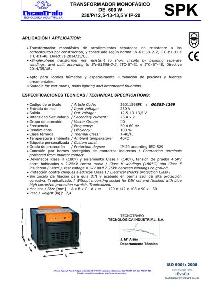 ชุดหม้อแปลงขนาด 600 W 12 V. AC   มาตรฐานยุโรป, ติดตั้งในตู้ควบคุม