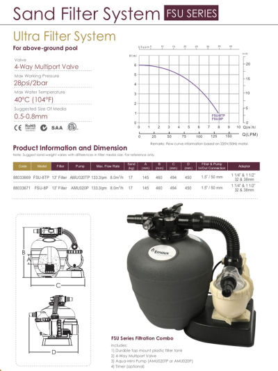 ชุดกรองทรายพร้อมปั๊ม “EMAUX” Ultra Series Sand Filtration System c/w Pump, In & Outlet 1.5", Flowrate 7 m³/Hr,Head @ 2.5 m.