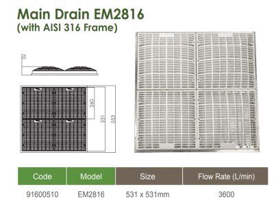 สะดือสระน้ำเซฟตี้สี่เหลี่ยม 12×12 นิ้ว (4 ชิ้น) VGB Anti Vortex พร้อมโครงสแตนเลส 316 EMAUX **สินค้า ไม่มีสต๊อค กรุณาสั่งล่วงหน้า 60-90 วัน