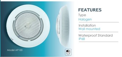 ไฟใต้น้ำ Halogen AP100  100W/12V. JESTA ขอบABS Front Plate Nichless