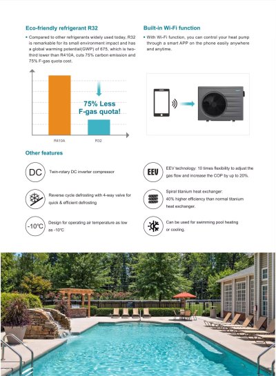 full inverter heat pump: Function: Built-in WiFi, heating  Gas: R32; Operating air temperature: -10℃~43℃, 9KW