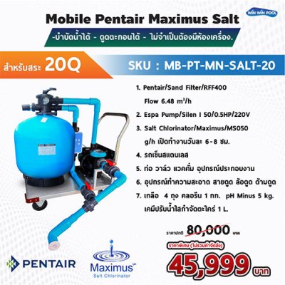 Mobile Pentair Maximus Salt-บำบัดน้ำได้ - ดูดตะกอนได้ - ไม่จำเป็นต้องมีห้องเครื่อง สำหรับสระ 20Q