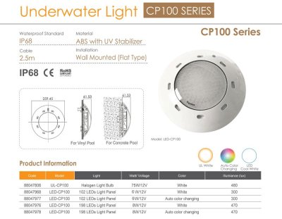 โคมไฟใต้น้ำ Emaux LED รุ่น CP100 Round Plastic 102 LEDs 6W/12V RGB เปลี่ยนสีอัตโนมัติ