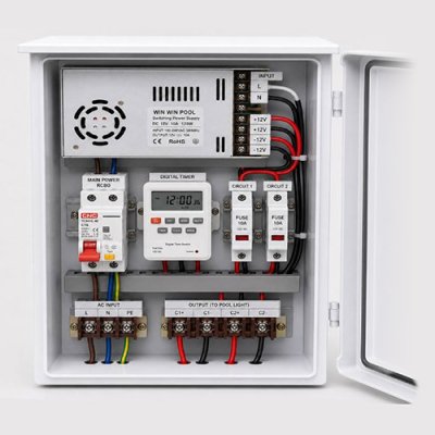 ตู้ควบคุมไฟสระว่ายน้ำ WIN WIN POOL DC 12V 10A พร้อม Timer รุ่น CP-WPL-1210-2C-T สำหรับโคมไฟใต้น้ำ LED 12V แยก 2 วงจร
