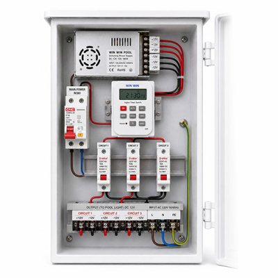 ตู้ควบคุมไฟสระว่ายน้ำ WIN WIN POOL DC 12V 15A พร้อม Timer รุ่น CP-WPL-1215-3C-T สำหรับโคมไฟใต้น้ำ LED 12V แยก 3 วงจร