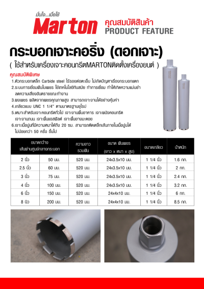 กระบอกเพรชเจาะคอนกรีต/ดอกคอริ่ง (สำหรับเครื่องยนต์เท่านั้น!)