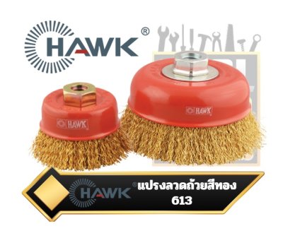 แปรงลวดถ้วยสีทอง รูเกลียว Hawk Heavy Duty Brass Coated Wire Cup Brush