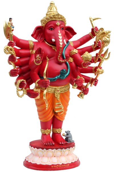 พระบูชาพิฆเนศปาง 16 กร สูง 24" เพ้นท์สีแดงปิดทองคำแท้
