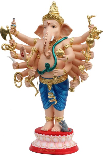 พระบูชาพิฆเนศปาง 16 กร สูง 24" เพ้นท์สีเนื้อปิดทองคำแท้