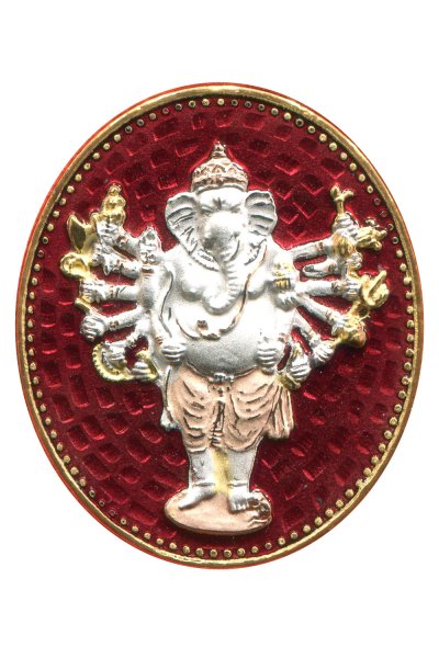 เหรียญพระพิฆเนศปาง 16 กร สูง 3.8 cm ชุบ 3K ลงยาแดง รุ่น มหาจักรพรรดิ พ.ศ.2553