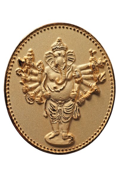 เหรียญพระพิฆเนศปาง 16 กร สูง 3.8 cm ชุบทองขูดเงา รุ่น มหาจักรพรรดิ พ.ศ.2553