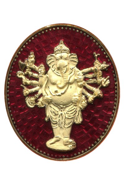 เหรียญพระพิฆเนศปาง 16 กร สูง 3.8 cm ชุบทองลงยาแดง รุ่น มหาจักรพรรดิ พ.ศ.2553