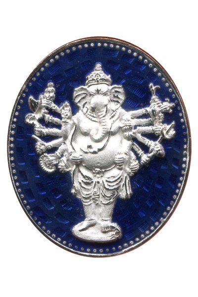 เหรียญพระพิฆเนศปาง 16 กร สูง 3.8 cm ชุบเงินลงยาน้ำเงิน รุ่น มหาจักรพรรดิ พ.ศ.2553