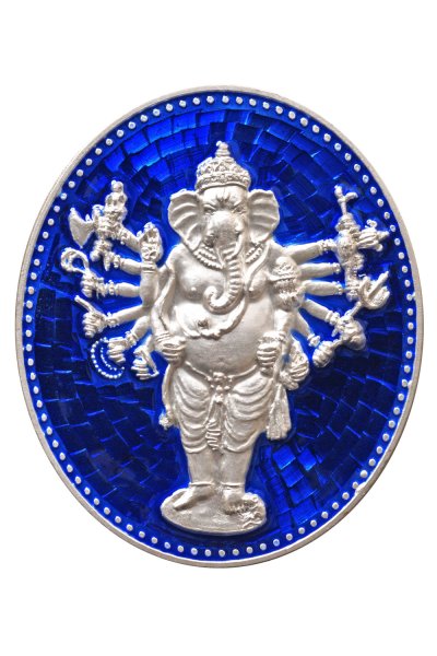 เหรียญพระพิฆเนศปาง 16 กร สูง 3.8 cm เงินลงยา 2 หน้า สีน้ำเงิน รุ่น มหาจักรพรรดิ พ.ศ.2553
