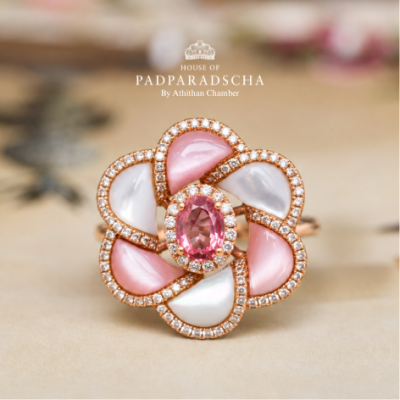 CAMELLIA FLOWER - Padparadscha, Mother of Pearl Ring