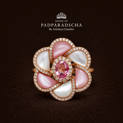 CAMELLIA FLOWER - Padparadscha, Mother of Pearl Ring