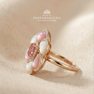 CAMELLIA FLOWER - Padparadscha, Mother of Pearl Ring
