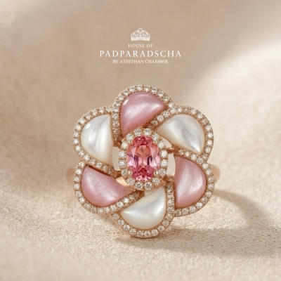 CAMELLIA FLOWER - Padparadscha, Mother of Pearl Ring
