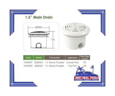 สะดือสระน้ำ "EMAUX" Main Drain For Concrete Pool With Hydrostatic Relief Valve & Collector Tube, Connection 2". ", White Colour