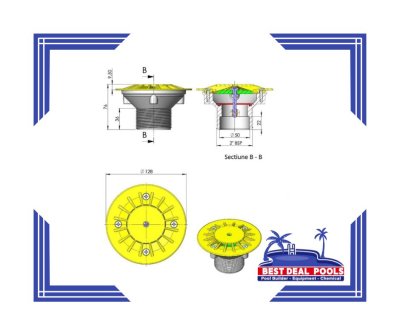 Floor spray head, adjustable water power Standard EN13451- 1 flow 12 Queue/hour, threaded 2"/glued 1.5"