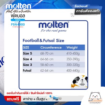 MOLTEN ฟุตบอล ลูกฟุตบอล เบอร์ 5 หนังพียู (PU) Football HS PU Ch F5N4900 FIFAPRO (2500) ใช้แข่งขัน [ลิขสิทธิ์แท้] แถมฟรี เข็มสูบ+ตาข่ายใส่บอล สินค้าใหม่แท้ 100% ออกใบกำกับภาษีได้