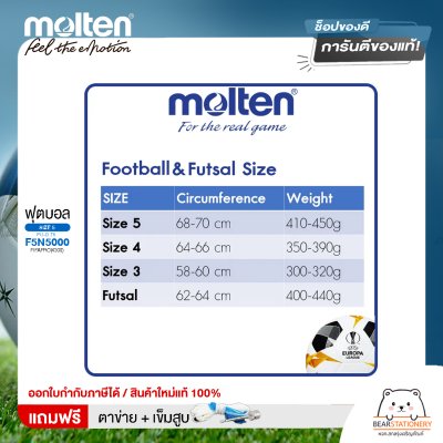 MOLTEN ลูกฟุตบอลหนัง ลูกฟุตบอล หนังพียู MOT Football PU-D Th F5N5000 FIFAPRO(4300) แถมฟรี เข็มสูบ+ตาข่ายใส่บอล สินค้าใหม่แท้ 100% ออกใบกำกับภาษีได้