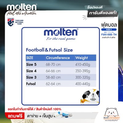 MOLTEN ลูกฟุตบอลหนัง หนังพีทียู Football MST TPU pk F5N1000-TH (500) ลายช้างศึก คิงส์คัพ แถมฟรี เข็มสูบ+ตาข่ายใส่บอล สินค้าใหม่แท้ 100% ออกใบกำกับภาษีได้