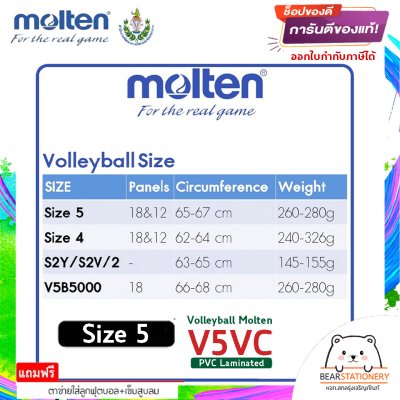 MOLTEN วอลเลย์บอลหนัง Volleyball PVC V5VC WH/R/G เบอร์ 5 แถมฟรี เข็มสูบ+ตาข่ายใส่บอล สินค้าใหม่แท้ 100% ออกใบกำกับภาษีได้