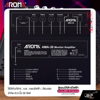 ตู้แอมป์มอนิเตอร์ ใช้ได้กับกีต้าร์ , เบส , กลองไฟฟ้า , คีย์บอร์ด ลำโพง 6.5 นิ้ว 30 วัตต์ Aroma AMA-30 Universal Instrument Amplifier