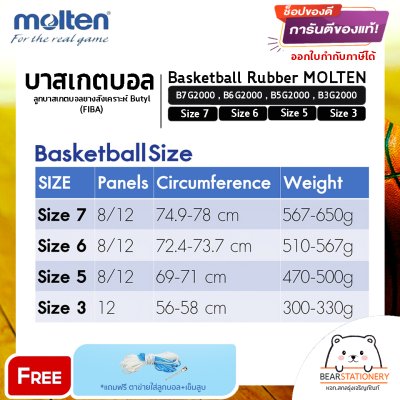 บาสเกตบอล ลูกบาสเกตบอลยางสังเคราะห์ Butyl (FIBA) Basketball Rubber MOLTEN B7G2000 , B6G2000 , B5G2000 , B3G2000 แถมเข็มสูบ,ตาข่าย
