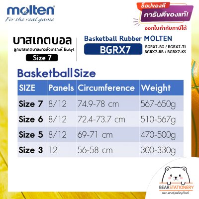 บาสเกตบอล ลูกบาสเกตบาลยางสังเคราะห์ Butyl Basketball Rubber MOLTEN BGRX7 Size 7 แถมฟรี เข็มสูบ+ตาข่ายลูกวอลเลย์ สินค้าใหม่แท้ 100% ออกใบกำกับภาษีได้