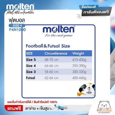 ลูกฟุตบอมอลเทน TPU Molten F4N1000 เบอร์ 4  แถมฟรี เข็มสูบ+ตาข่ายใส่บอล สินค้าใหม่แท้ 100% ออกใบกำกับภาษีได้