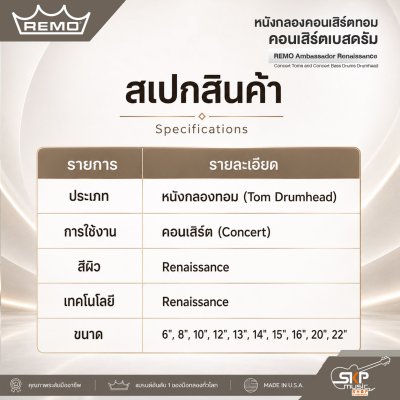 หนังกลองคอนเสิร์ตทอม คอนเสิร์ตเบสดรัม REMO Ambassador Renaissance Concert Toms and Concert Bass Drums Drumhead