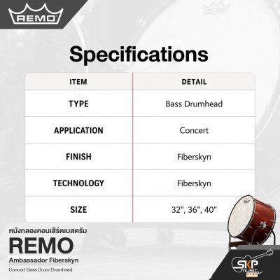 หนังกลองคอนเสิร์ตเบสดรัม REMO Ambassador Fiberskyn Concert Bass Drum Drumhead