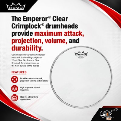 หนังกลองมาร์ชชิ่งเทนเนอร์ สีใส หนา 2 ชั้น 7+7 Mil Mylar Remo Emperor Clear Crimplock Marching Tenor Drumheads