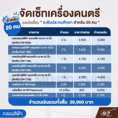 จัดเซ็ทเครื่องดนตรี วงเมโลเดี้ยนระดับประถมศึกษา (กลองสีฟ้า)  20 คน