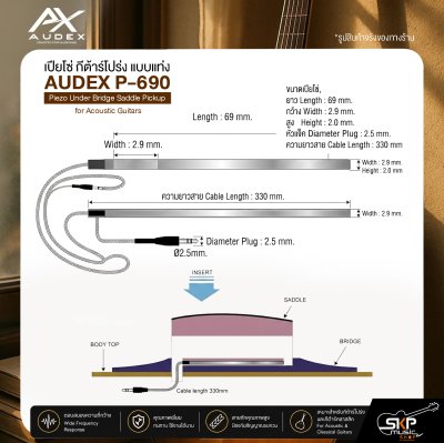 เปียโซ่ กีต้าร์โปร่ง แบบแท่ง ขนาด 69 x 2.9 x 2.0 mm. AUDEX P-690 Piezo Under Bridge Saddle Pickup for Acoustic Guitars
