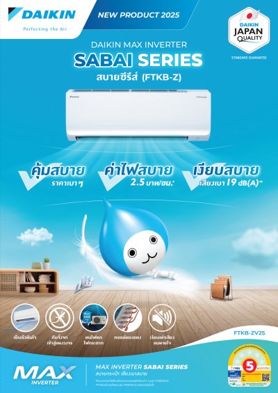 แอร์ไดกิ้น Daikin ติดผนัง MAX INVERTER Sabai Series รุ่น FTKB12ZV2S ขนาด 12,300 BTU