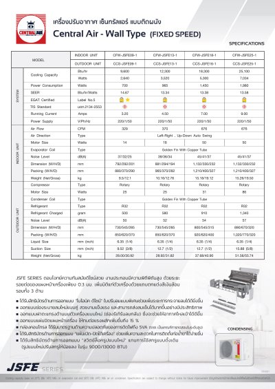 แอร์เซ็นทรัลแอร์ Central Air ติดผนัง JSFE Series รุ่น CFW-JSFE09 ขนาด 9,600 BTU