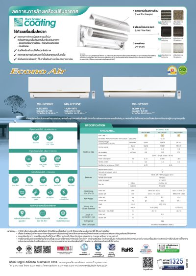 แอร์มิตซูบิชิ Mitsubishi ติดผนัง ECONO รุ่น MS-GY18VF ขนาด 18,084 BTU
