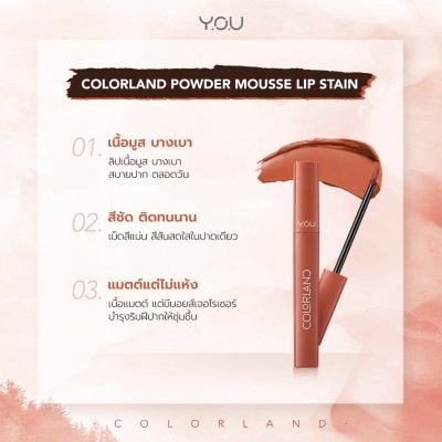 Y.O.U Colorland Powder Mousse Lip Stain วาย โอ ยู ลิปสติก เนื้อมูส บางเบา ไม่หนักปาก ติดทนตลอดวัน