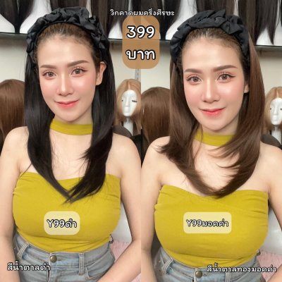 รหัส Y99 - วิกคาดผมครึ่งหัวผ้าแก้ว(ผมสั้นปลายสไลด์) ความยาว 45 ซม. (แถมเน็ต+หวี)