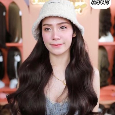 รหัส W97 - วิกหมวกสีขาวขนนุ่ม : วิกด้านใน(ผมลอนยาว) แบบเย็บติดหมวก ถอดไม่ได้ (แถมเน็ต+ขาตั้ง+ของแถม)