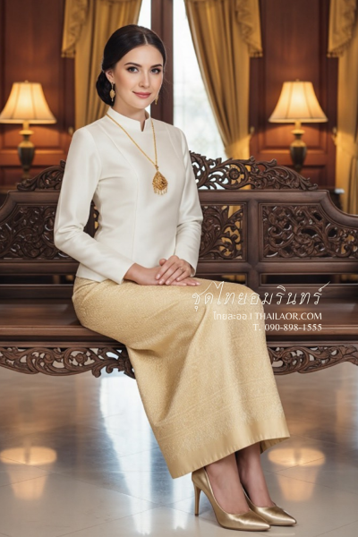 ชุดไทยอมรินทร์ สีครีมทอง (TA 028)